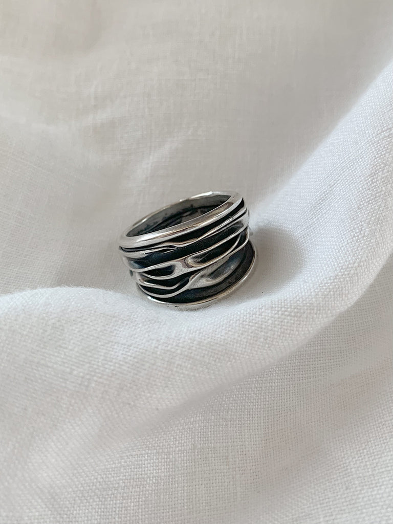 Vintage Brutalist Large Grooved Band Sterling Silver Ring