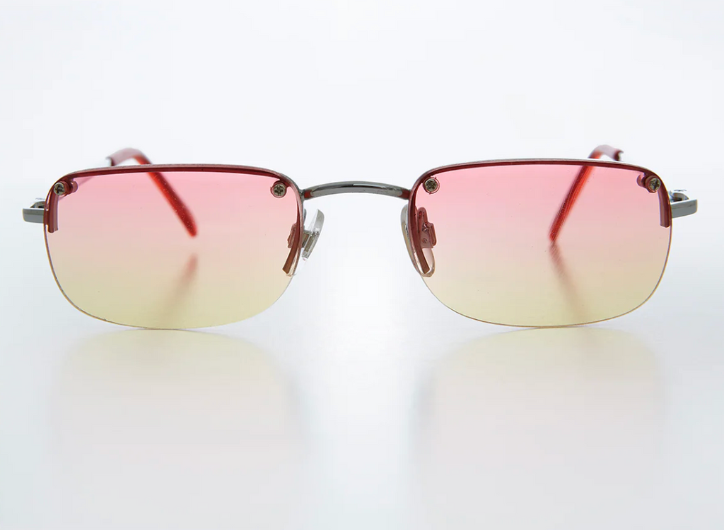 Rimless 90s Rectangle Sunglass with Two Color Lens - Rumi - Pink / Yellow