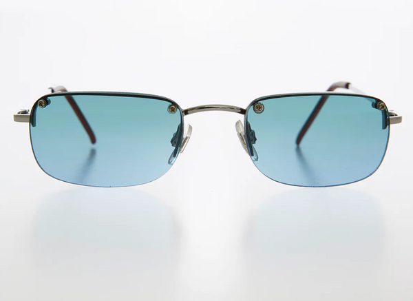 Rimless 90s Rectangle Sunglass with Two Color Lens - Rumi - Green/Blue