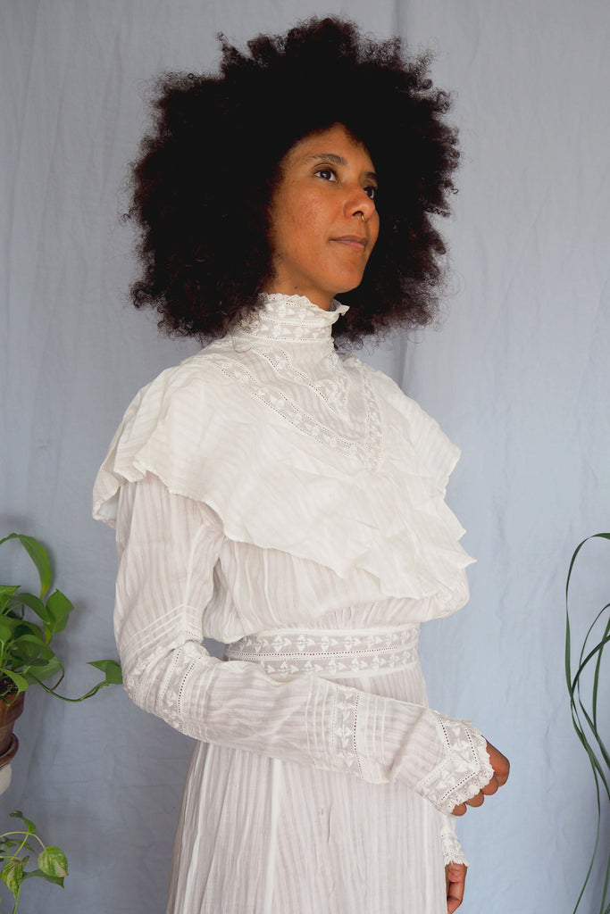 Victorian Long Sleeve High Neck Sheer Lacy White Dress