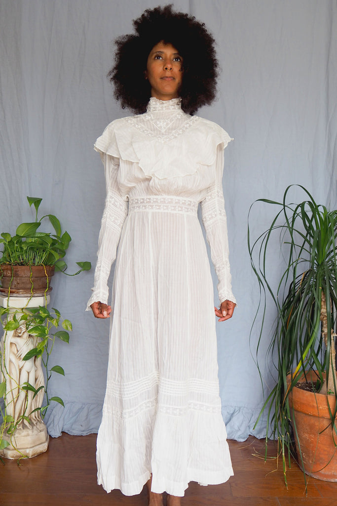 Victorian Long Sleeve High Neck Sheer Lacy White Dress