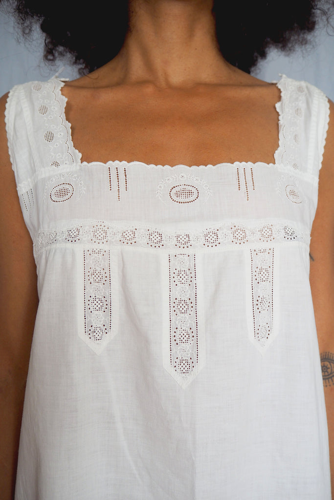 Victorian Lace Cotton Midi Nightgown w/ Eyelet Lace Scalloped Hem
