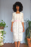 Victorian Short Sleeve Lace Midi Sheer Gown w/ Pink Sash